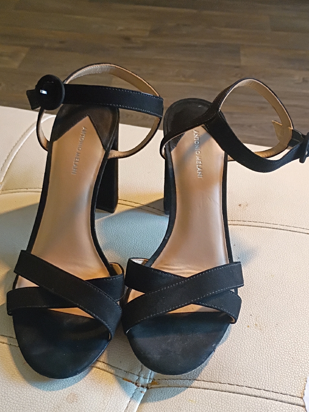 ANTONIO MELANI Black Suede Block Heel Sandals with Ankle Strap
